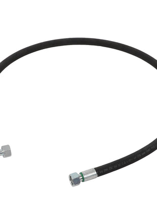 Introducing the AGCO Hydr. Hose - ACW7143470: a black hydraulic hose with metal fittings on each end, featuring one straight and one angled fitting, designed to seamlessly integrate into your machinery without the need for extensive product descriptions.