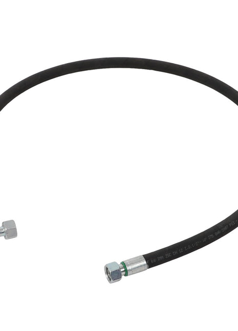 Introducing the AGCO Hydr. Hose - ACW7143470: a black hydraulic hose with metal fittings on each end, featuring one straight and one angled fitting, designed to seamlessly integrate into your machinery without the need for extensive product descriptions.