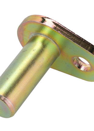 The AGCO Pin - Acp0205380 by AGCO is a gold-colored metal hinge pin with a slightly reflective cylindrical body and a mounting plate featuring a single hole.