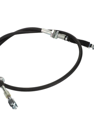 The AGCO Cable - Acp0666350 is a black automotive parking brake cable with metal fasteners on both ends, coiled into a loop. No current product description available.