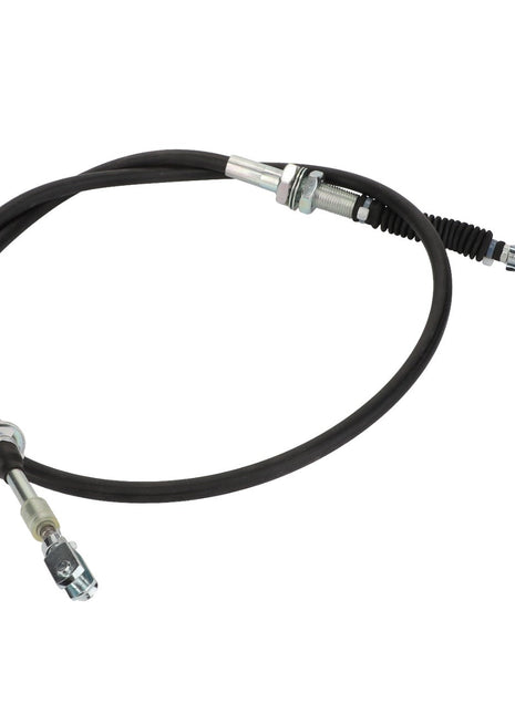The AGCO Cable - Acp0666350 is a black automotive parking brake cable with metal fasteners on both ends, coiled into a loop. No current product description available.
