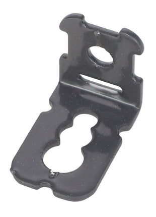 Close-up of the AGCO | Harness Bracket - Acw1811330, a black metal bracket featuring multiple holes for mounting and securing purposes. The bracket has a speckled finish. No current product description information available from AGCO.