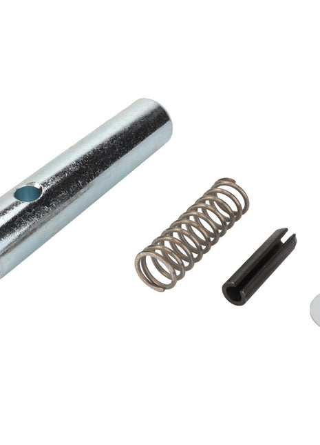 A cylindrical metal tube, a coiled spring, a black metal pin labeled AGCO | LOCKING PIN - F816500070140 from the AGCO brand, and a flat washer are arranged on a white background. No current product description information is available for these parts.