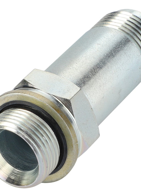 The AGCO ADAPTER - AL5028087 is a robust, metallic cylindrical pipe fitting with threaded ends and a central hexagonal nut for secure adjustments.