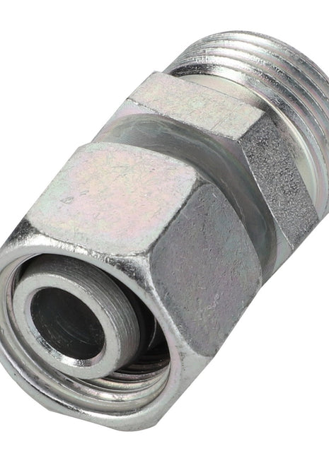 The AGCO | Reducer Fitting - Acw5795630 is a robust hexagonal metal coupling fitting with threaded ends, skillfully crafted for seamlessly connecting pipes or hoses.