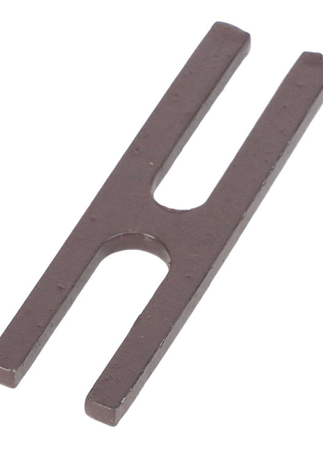The AGCO | STOP PLATE - ACP0307060 is a metal alignment tool with a flat body and two prongs separated by a U-shaped cutout in the middle. For further product description or assistance with ordering, please reach out to our support team.