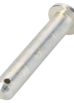 A close-up image of the AGCO Pin - Acw1700720, a precise metallic cylindrical rod with a hole near one end and a flat circular head on the opposite end, from the brand AGCO.