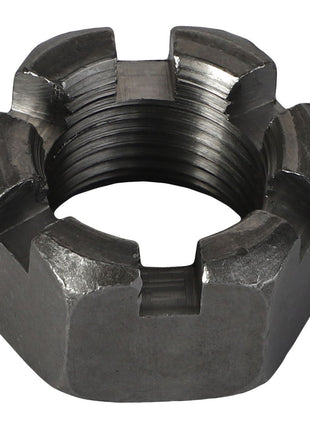 Close-up of the AGCO Nut - Sn2491, a metal castellated nut with six slots on the top, used for locking machinery and automotive components. No current product description available.