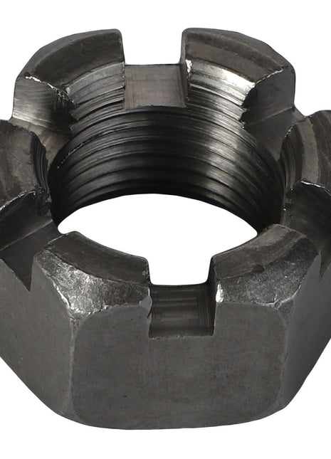 Close-up of the AGCO Nut - Sn2491, a metal castellated nut with six slots on the top, used for locking machinery and automotive components. No current product description available.