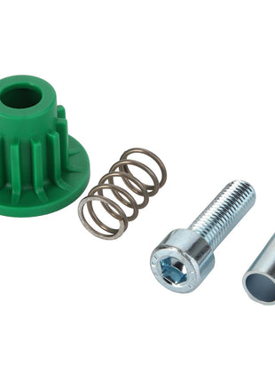 A green plastic AGCO knob, a metal spring, a hex bolt, and a metal cylinder are meticulously arranged on a white background. Please note that no current product description information is available.