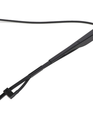 Introducing the AGCO | Wiper Arm - Acw0388350, a sleek black windshield wiper arm from AGCO. It features a thin, elongated design with a rectangular attachment point at one end and a flexible rubber blade at the other. Suitable for various vehicle models, this wiper arm ensures optimal performance in all weather conditions.