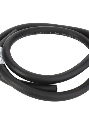 A coiled black AGCO rubber hydraulic hose, model Acw0515700, with a barcode label attached for easy inventory management.