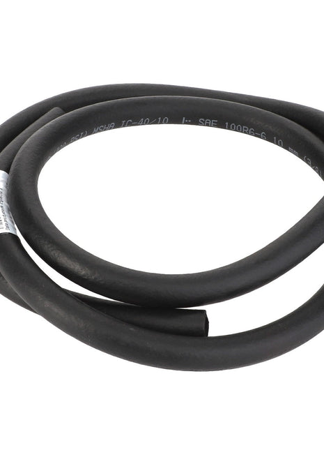 A coiled black AGCO rubber hydraulic hose, model Acw0515700, with a barcode label attached for easy inventory management.
