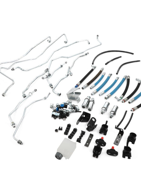 A meticulously arranged assortment from AGCO, featuring the Coupler Kit - Acp0624240 including metal pipes, hoses, fittings, and brackets displayed on a pristine white background.