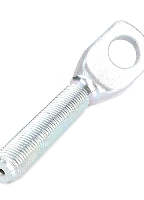 A silver, threaded metal rod with a loop hole at one end, labeled as the AGCO | Stub, Stabiliser - 4309694M1 by AGCO, likely used as a fastener or connector in machinery or construction and potentially suitable for various Fendt models.