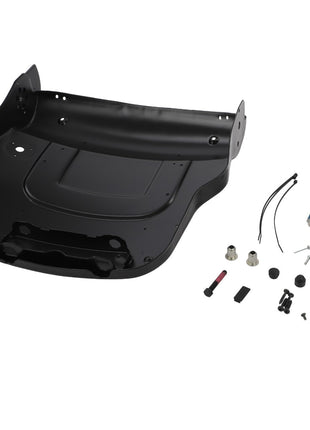 No current product description available for the AGCO seat mounting kit with additional hardware components, including screws, bolts, and other fasteners, arranged next to the black mounting panel.