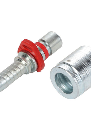 Close-up of a metal hose barb fitting and a threaded metallic coupling, designed for secure connection in fluid transfer applications, featuring AGCO original parts from the KIT,HOSE FITTING - AL4500380.