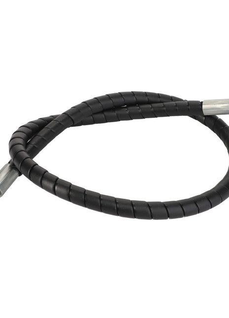 The AGCO Hydraulic Hose - Acw2316580, a resilient black braided hose with durable metal fittings on each end, is neatly coiled in a circular shape and displayed on a pristine white background.