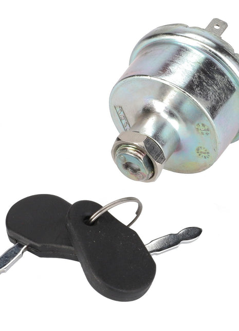 An AGCO Ignition Switch - Acp0285950, featuring a sleek metallic design, comes with a set of two keys on a sturdy keyring placed neatly beside it.