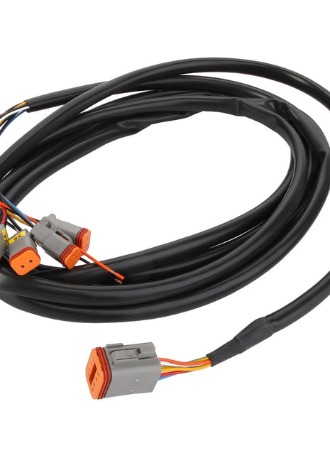 The AGCO | Cable - Acp0295650 by AGCO is a coiled black cable featuring multiple connectors including orange and gray plastic connectors, with exposed multi-colored wires at one end.