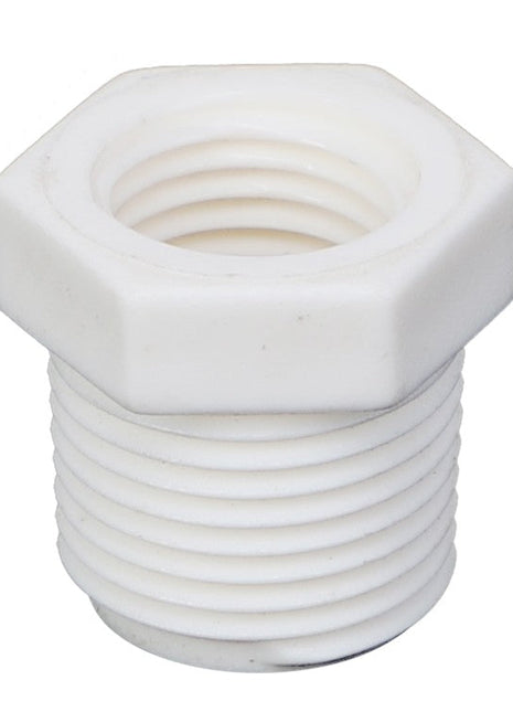 Introducing the AGCO | HEX BUSHING - AG561484, a high-quality white plastic hex bushing with threaded ends from the trusted brand AGCO.