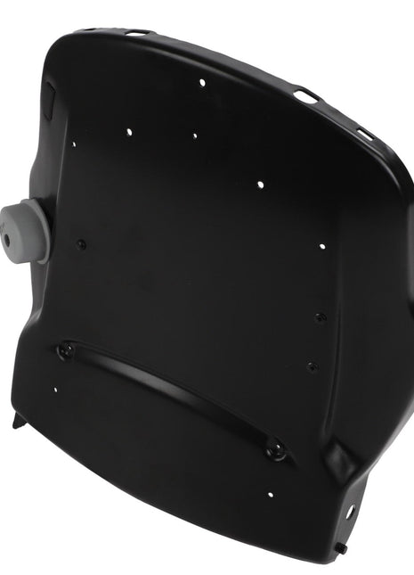 No current product description available for the AGCO | Back Part - F222502033060, a black plastic automotive part featuring multiple small holes and a protruding gray component on the left side.