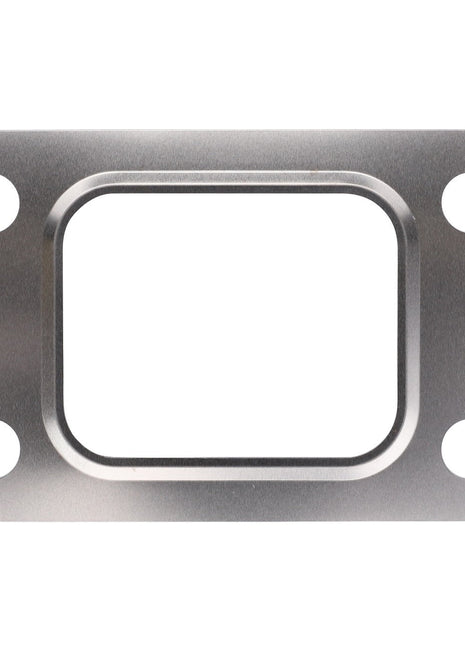 The AGCO SEAL - F716201100020 is a metallic gasket featuring four bolt holes, one at each corner. It has a rectangular cutout in the center to ensure a precise fit. The surface is smooth and shiny, although no additional product description information is currently available.