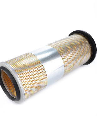 The AGCO Engine Air Filter Cartridge - V836146089 features a cylindrical design with a perforated metal exterior and a pleated interior, ensuring high filtration efficiency and prolonging service life.