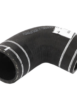 The AGCO Hose Piece - 350200190131 is a black, rubber elbow hose featuring white stripes and text, specifically designed to connect two pipes at a 90-degree angle. No current product description information available.