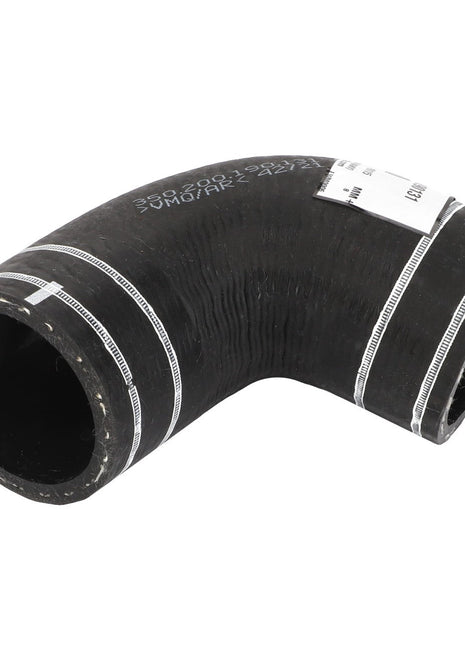 The AGCO Hose Piece - 350200190131 is a black, rubber elbow hose featuring white stripes and text, specifically designed to connect two pipes at a 90-degree angle. No current product description information available.