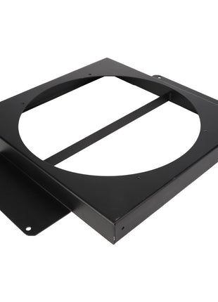 The AGCO | COOLER - AG334293, a black metal mounting bracket from AGCO, is crafted from the highest quality materials and features a central circular cutout along with four holes for screws.