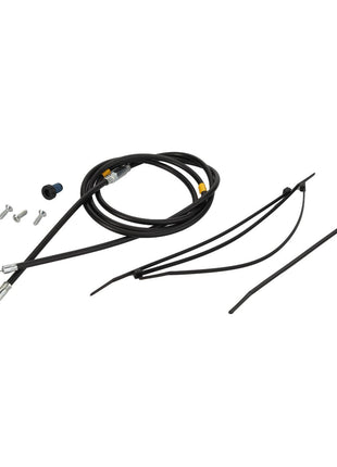 AGCO Bowden Cable, Seat Assembly - F931502030840 is displayed on a white background, featuring black cables with connectors, zip ties, screws, and a small rubber component. No current product description information is available.