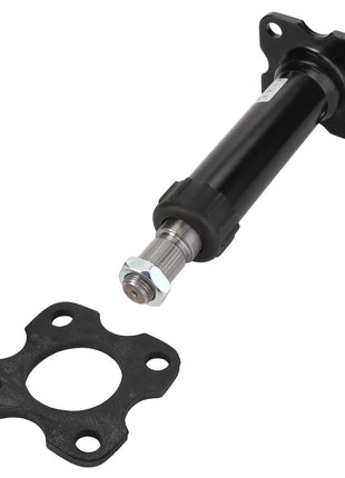 Introducing the AGCO | Steering Column - Acp0250360 by AGCO, this metal propeller shaft assembly boasts a sleek black cylindrical body and a connecting bolt, complete with a detached mounting plate for versatile installation.