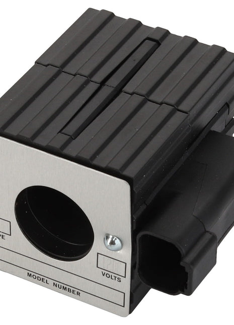 The AGCO Solenoid - D46150504 is a rectangular black and silver electrical connector that has labeled sections for type, model number, and voltage. At present, no additional product description information is available for this item.