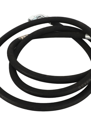 The AGCO | HYDRAULIC HOSE - AL9030910 by AGCO is a coiled black rubber hose featuring metal connectors on both ends.