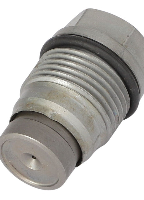 Close-up of the AGCO | PRESSURE CONTROL VALVE - ACP0307640, a metallic cylindrical component featuring threaded sections and an O-ring, resembling a hydraulic or pneumatic fitting. For further product description or assistance with ordering, please contact our support team.