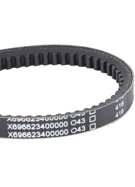 Close-up image of the AGCO V-Belt - X696623400000, a black toothed timing belt with white alphanumeric codes printed on it, ensuring optimal performance.