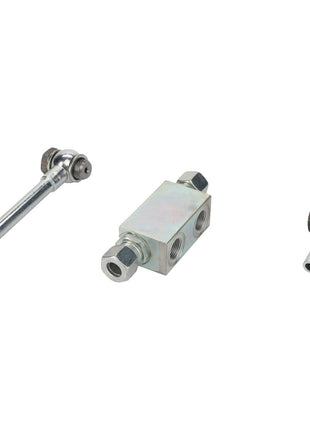 The AGCO | Lock Valve - Acp0372080 is a three-piece metal hydraulic T-connector assembly, featuring two angled fittings and a central rectangular block with precision threaded holes.