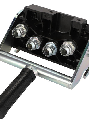 The AGCO | KIT - AL5044944 is a metal hydraulic valve block featuring four ports and a black handle grip. Currently, there is no additional product description information available.