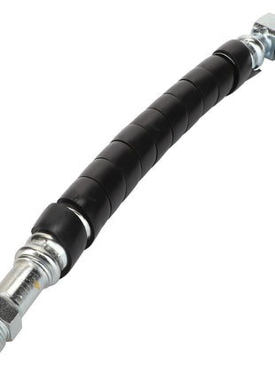 The AGCO Hose - Acw143673A is a versatile, black hydraulic hose equipped with metal fittings on both ends, designed for efficient fluid transfer in machinery.