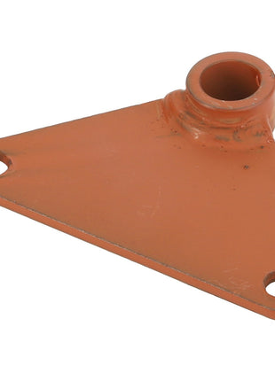 The AGCO Rocker Arm - La322079450 features an orange metal triangular bracket with a central raised cylindrical attachment and holes at each corner.