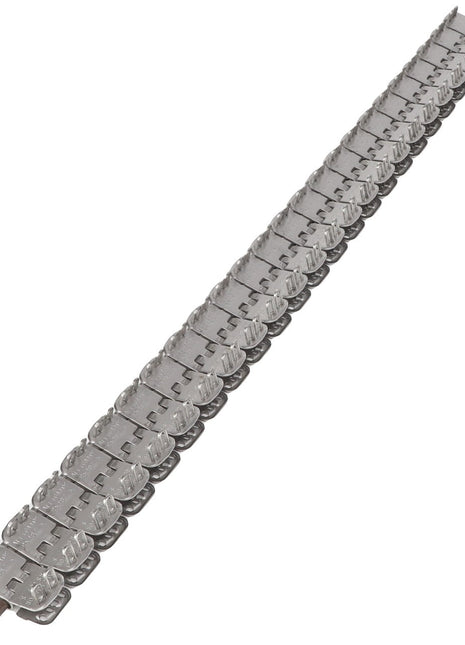 A silver metallic belt splice lacing pin from AGCO, featuring a series of uniform rectangular links connected in a straight line.