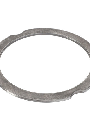The AGCO Compensating Ring - F007200210220 is a round metallic washer featuring a flat surface and two small notches on the inner edge.