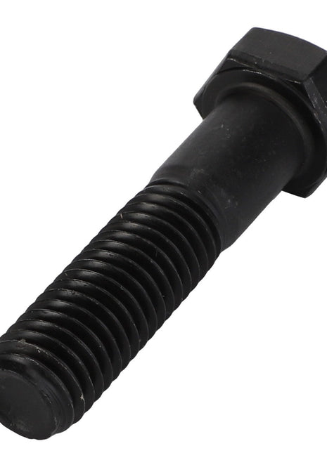 Close-up of the AGCO Hexagonal Head Bolt - Acx3105370, featuring a black metal finish with a hexagonal head and threaded body, meticulously captured against a plain white background.