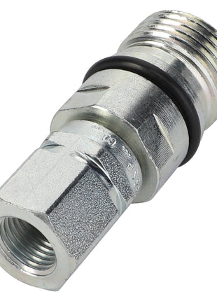 Close-up of the AGCO UNION - D45138800, a metallic hexagonal fitting with threaded ends and an O-ring. The fitting is designed for connecting pipes or hoses. No current product description information is available.