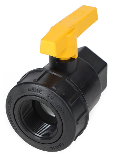 An AGCO | Ball Valve - Ag050208, a black polypropylene ball valve with a yellow handle, proudly labeled "Made in USA.