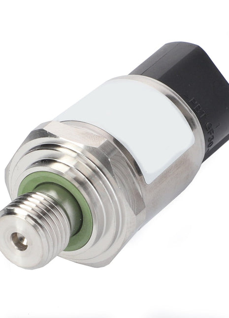 Close-up of the AGCO Pressure Sensor - 4289994M1, featuring a hexagonal base, green seal, and black electrical connector, commonly used in Massey Ferguson models.