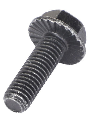 A close-up image of the AGCO HEXAGON FLANGE BOLT - AG330747, featuring a black bolt with a partially threaded body and a washer-like flange under the hexagonal head. No current product description information available.