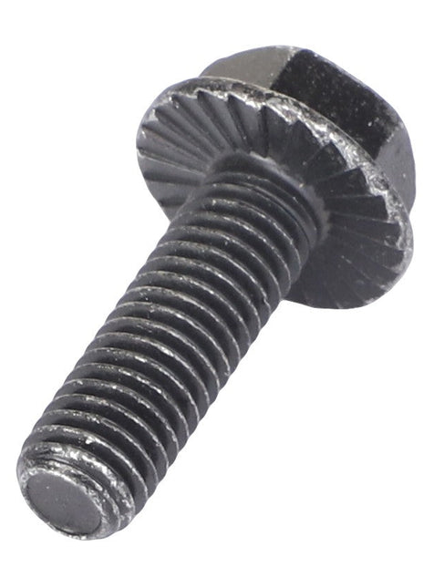 A close-up image of the AGCO HEXAGON FLANGE BOLT - AG330747, featuring a black bolt with a partially threaded body and a washer-like flange under the hexagonal head. No current product description information available.