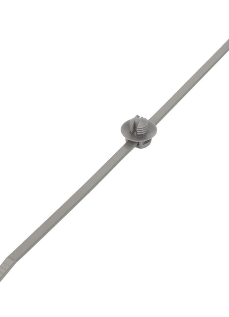 The AGCO | Cable Tie - Acw2783080 is a durable grey plastic cable tie that features an integrated mounting hole for easy installation.